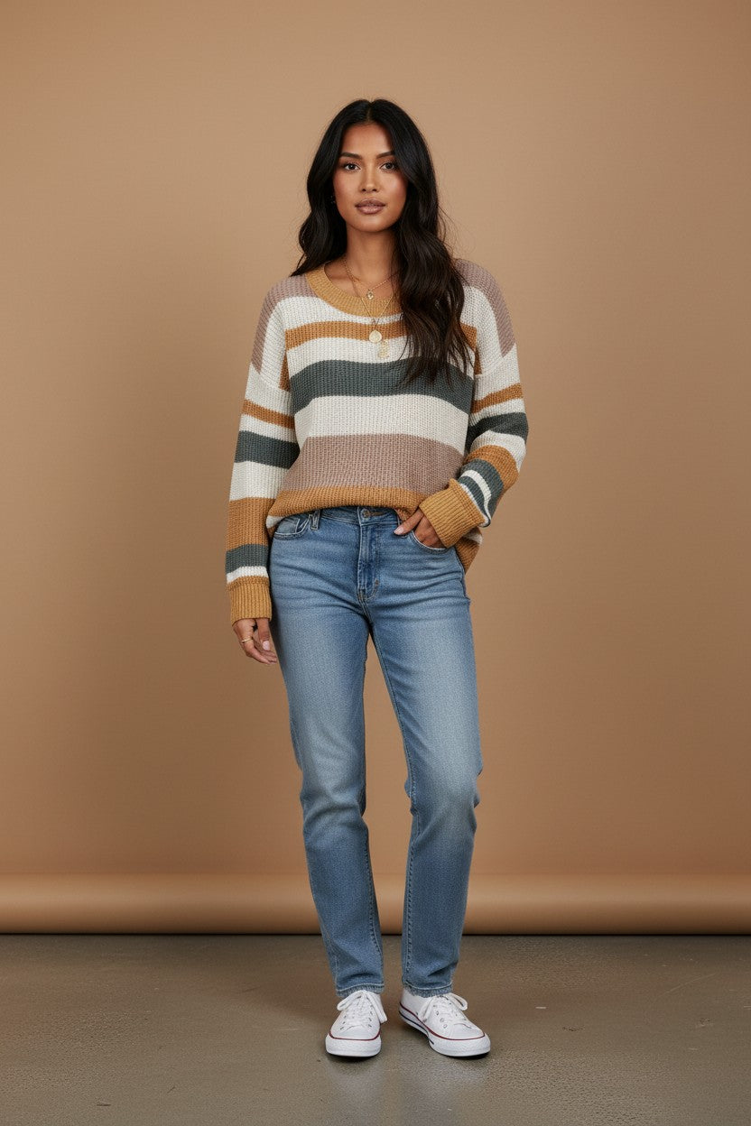 Camel Classic Round Neck Colorblock Knit Sweater