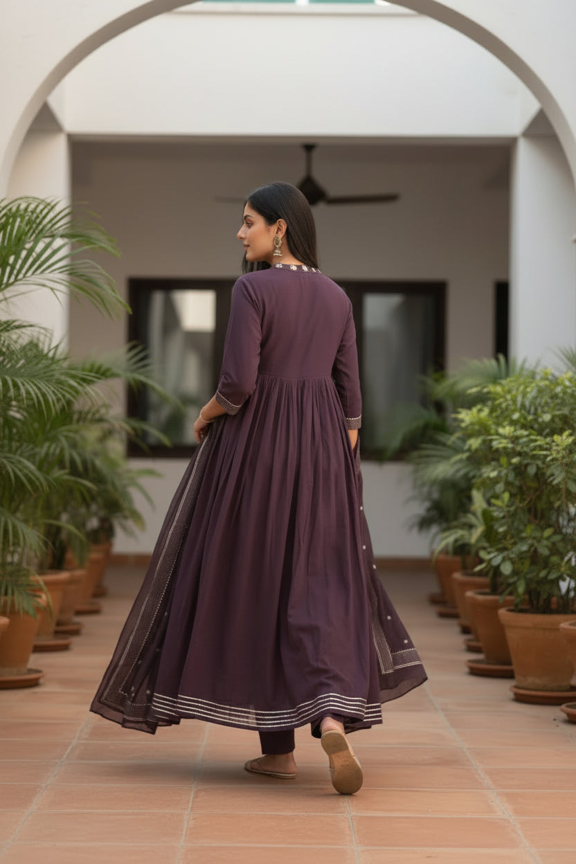 Women’s Solid Embroidered Anarkali Kurta Set with Dupatta