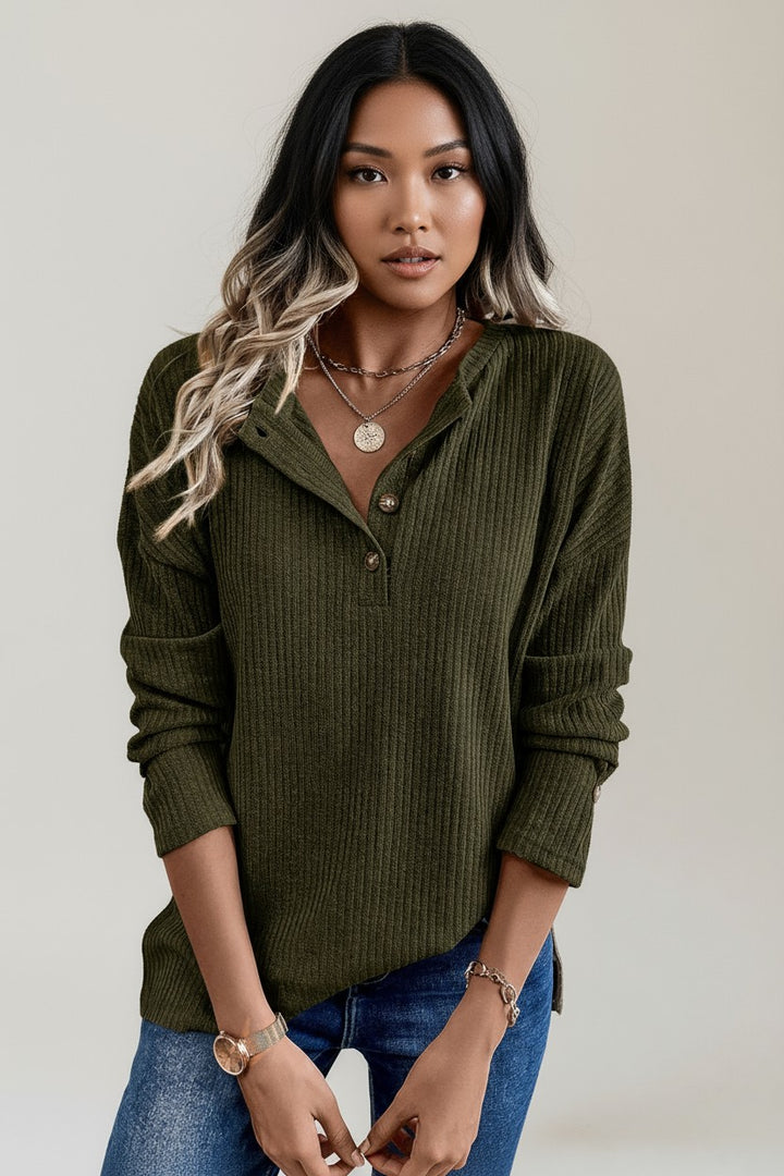 Jungle Green Rib Textured Henley Knit Top