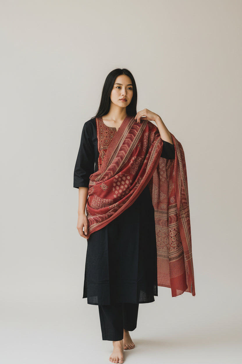Black Straight Kurta with Printed Yoke, Solid Bottom &amp; Printed Dupatta – 3-Piece Set