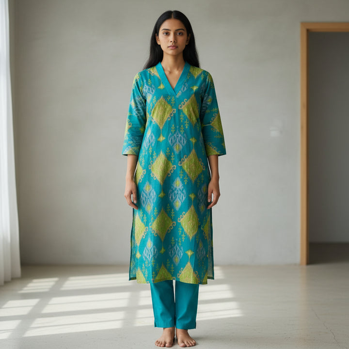 Teal Blue Handblock Print Straight Kurta Set with Pants