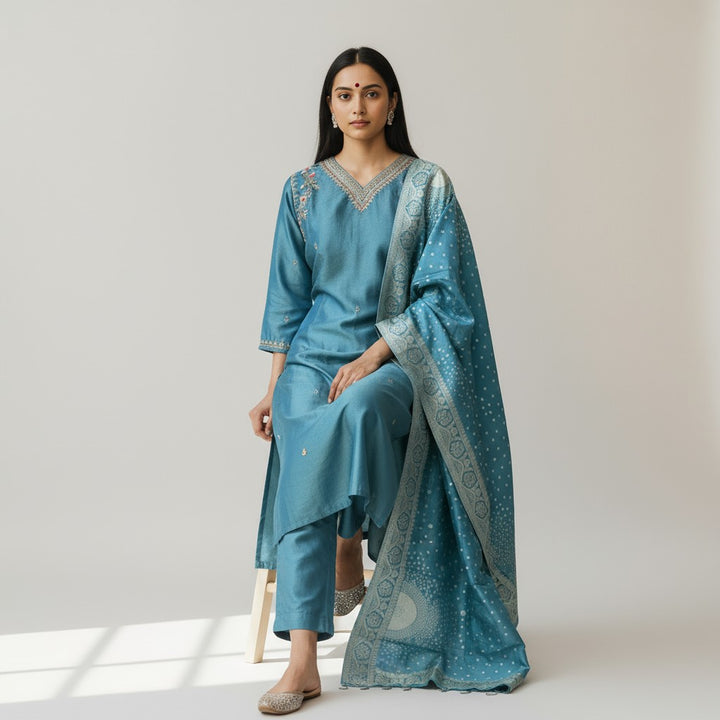 Blue Gold Tissue embroidery 3 piece traditional kurthi set