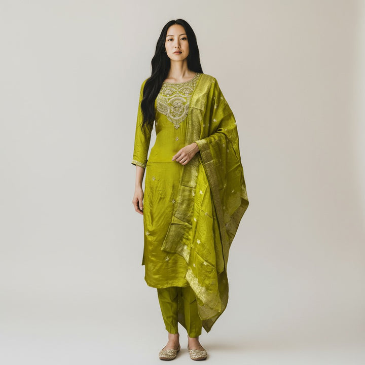 Lime Green Natural Crape Handwork Top Banaras Kurthi Set