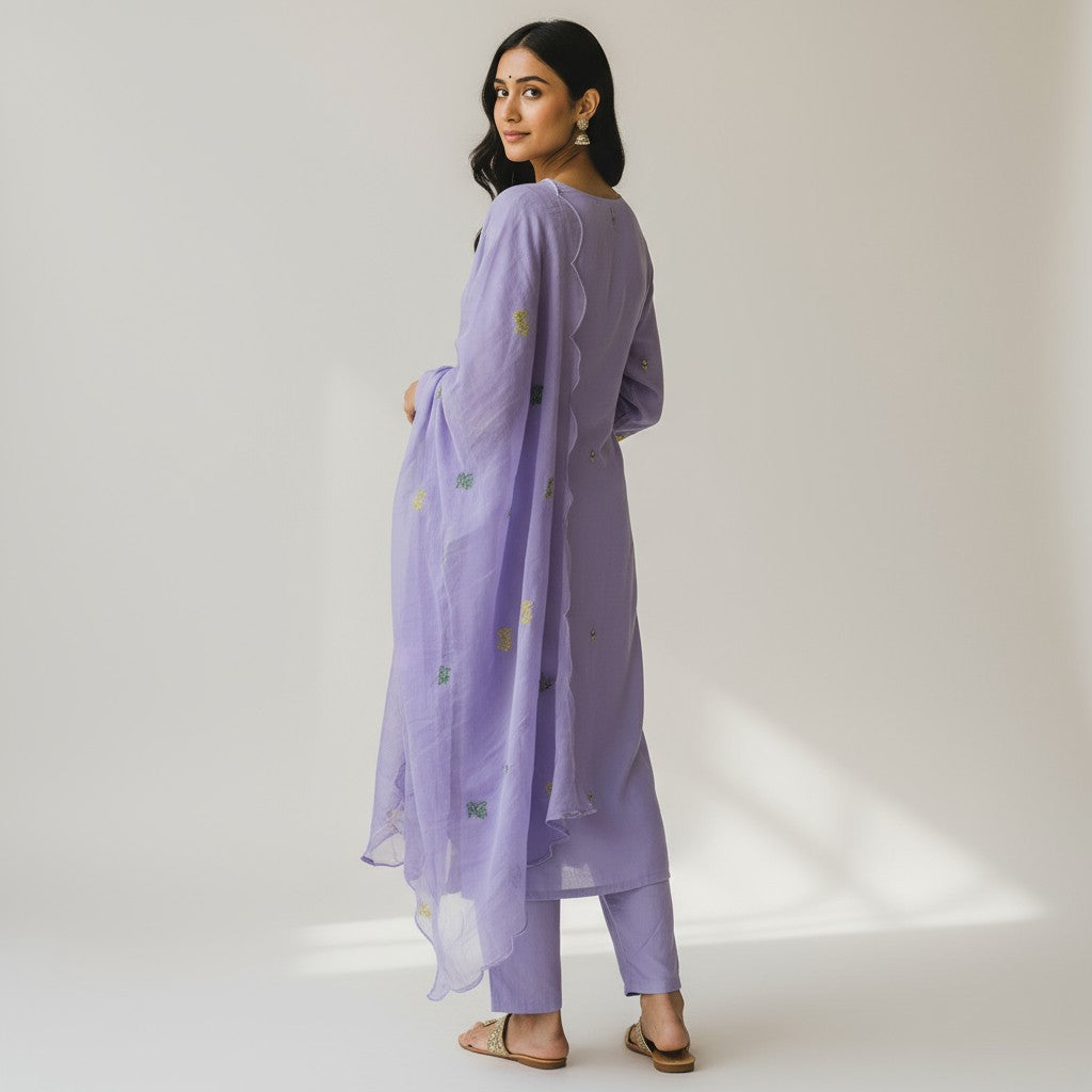 Lavender Chiffon Embroidery 3 Piece Kurtha Set