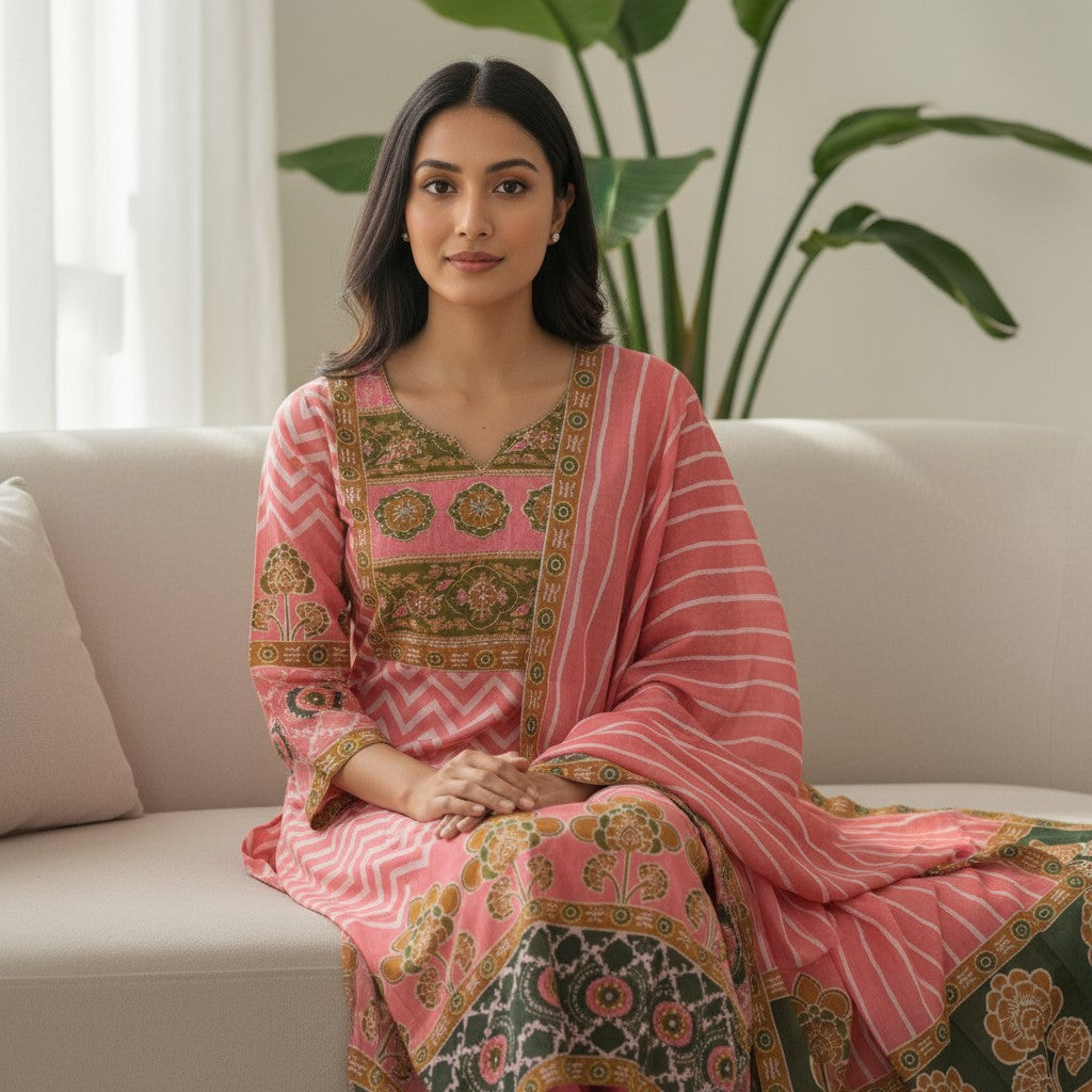 Rose Pink Printed Silk Kurta Set with Contrast Dupatta