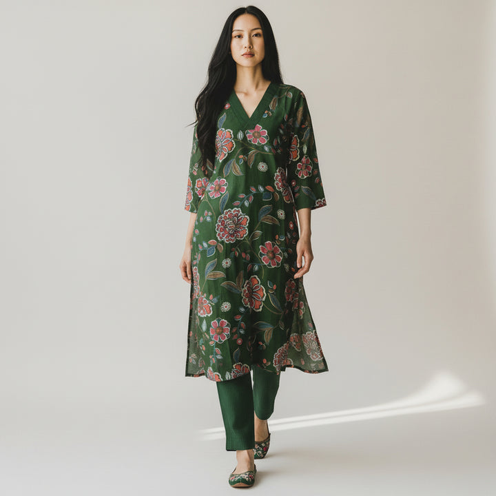 Emerald Floral Printed Kurta Set with Straight Pants