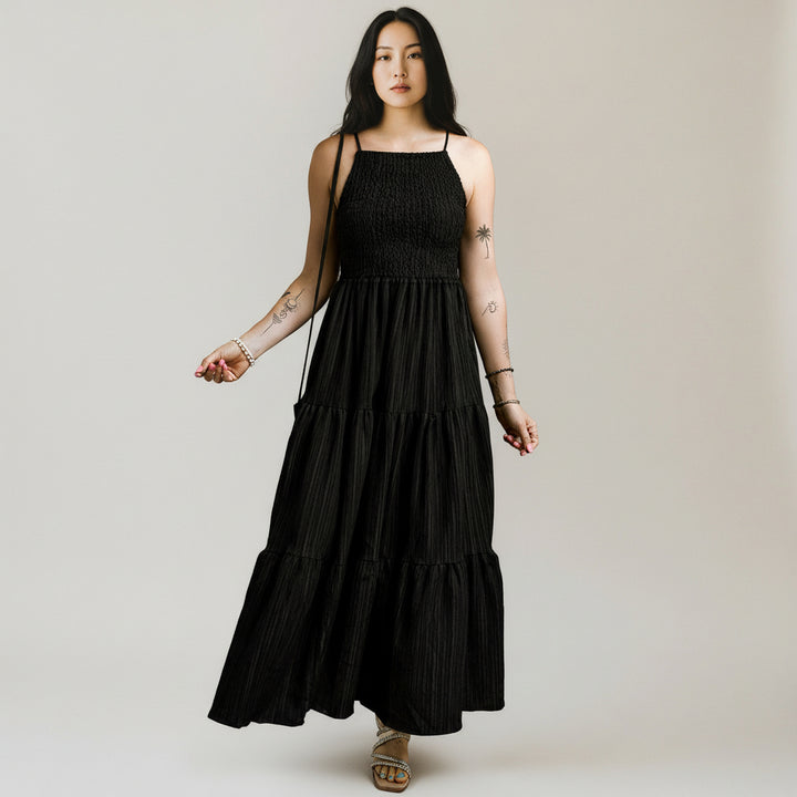 Black Spaghetti Straps Smocked Pleated Tiered Maxi Dress