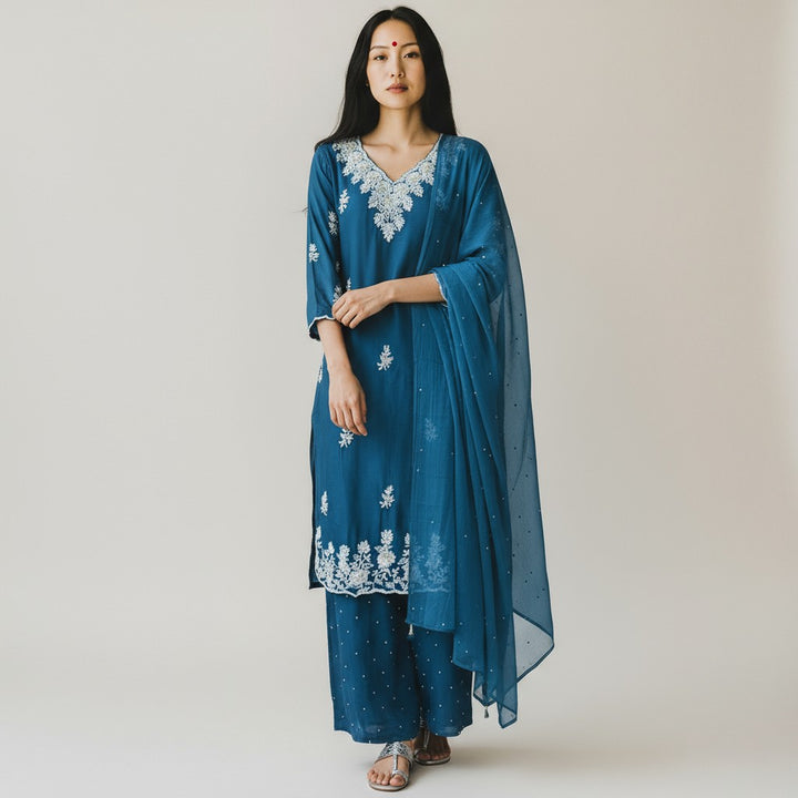 Blue Embroidery Satin Silk Premium 3 piece Kurta set