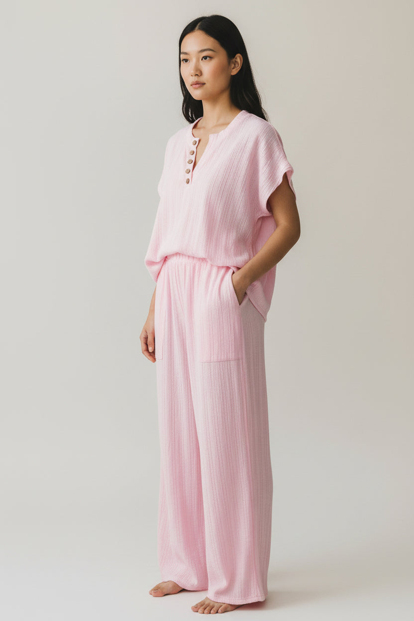 Light Pink Textured Short Sleeve Henley Top and Pocketed Wide Leg Pants