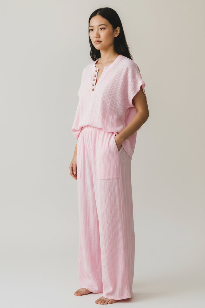 Light Pink Textured Short Sleeve Henley Top and Pocketed Wide Leg Pants