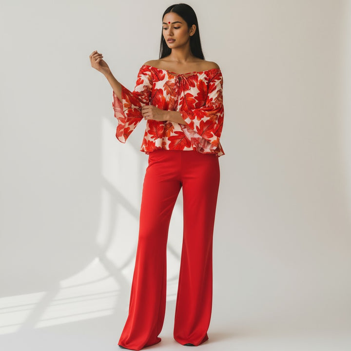 Lantern Orange Print Sleeve Shirt & Casual Pants Set