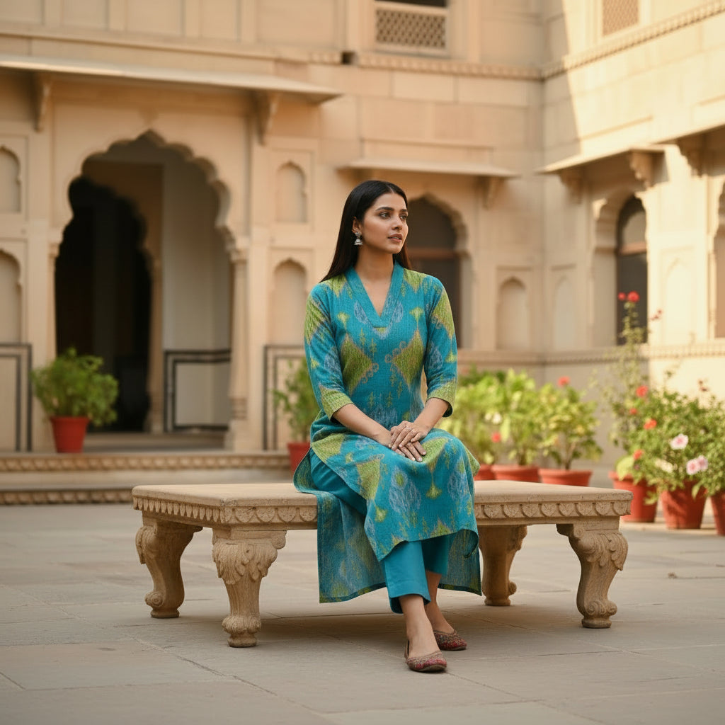 Teal Blue Handblock Print Straight Kurta Set with Pants