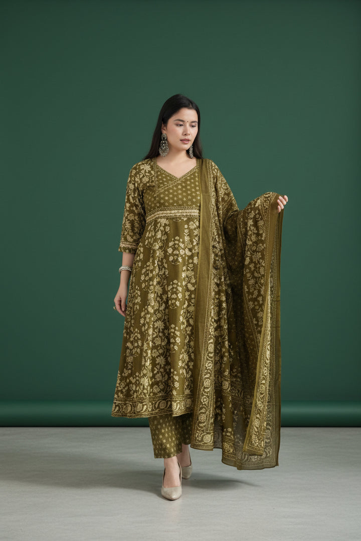 Olive Green Floral Printed Kurta Set with Dupatta