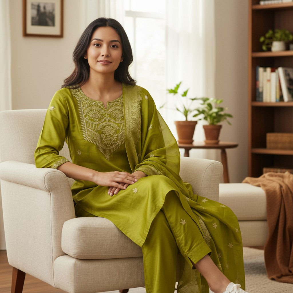 Lime Green Natural Crape Handwork Top Banaras Kurthi Set