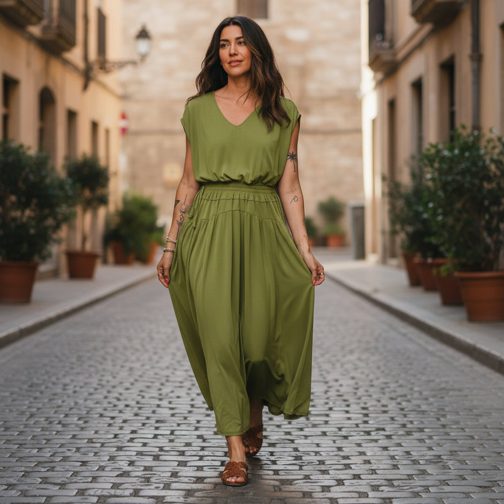 Fern Green Solid V Neck Cap Sleeve Tunic Elastic Waist Versatile Maxi Dress