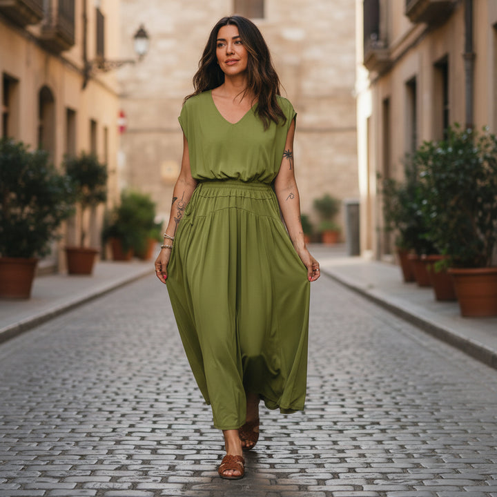 Fern Green Solid V Neck Cap Sleeve Tunic Elastic Waist Versatile Maxi Dress