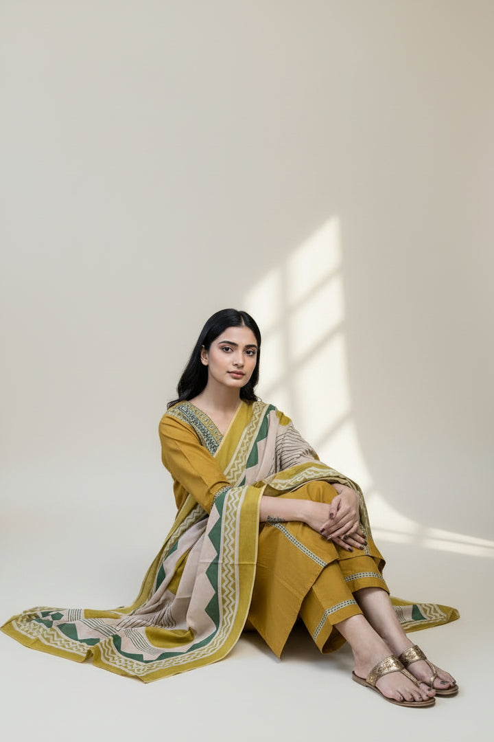 Mustard Yellow Kurta Set with Printed Dupatta – Elegant Ethnic Wear for Women