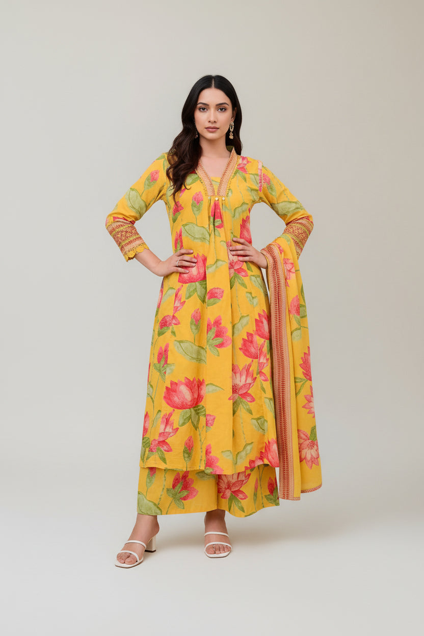 Floral Printed Kurta Set with Palazzo &amp; Dupatta