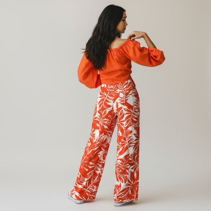 Orange Lantern Sleeve Top And High Waist Printed Co-ord set