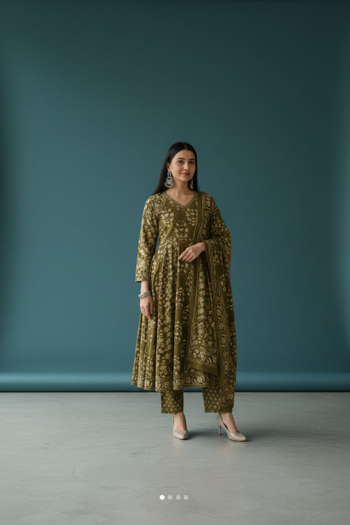 Olive Green Floral Printed Kurta Set with Dupatta