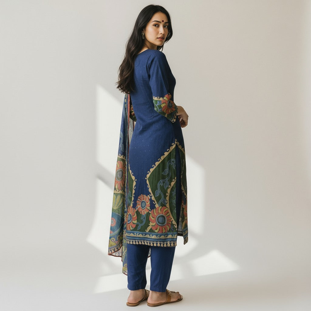 Pure Natural Crepe Digital Handwork Stitched Kurta Set