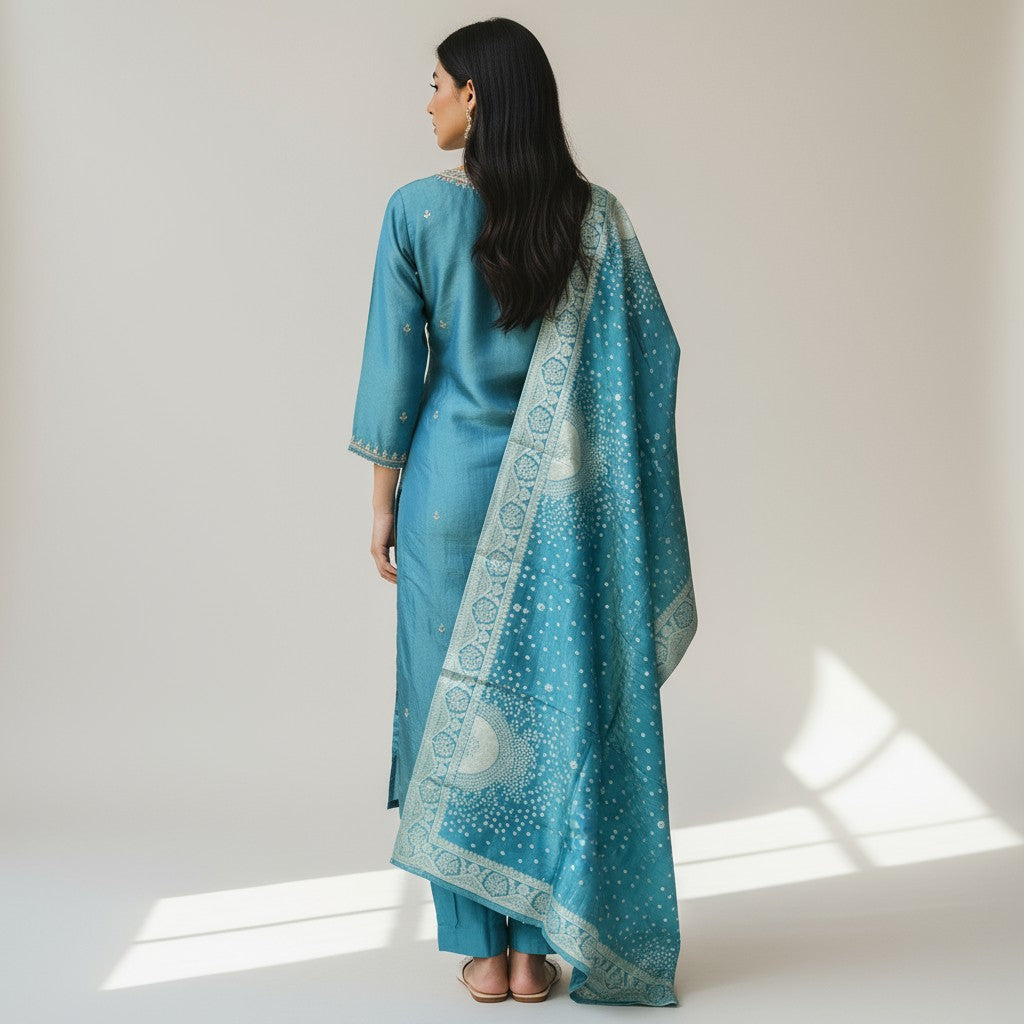 Blue Gold Tissue embroidery 3 piece traditional kurthi set