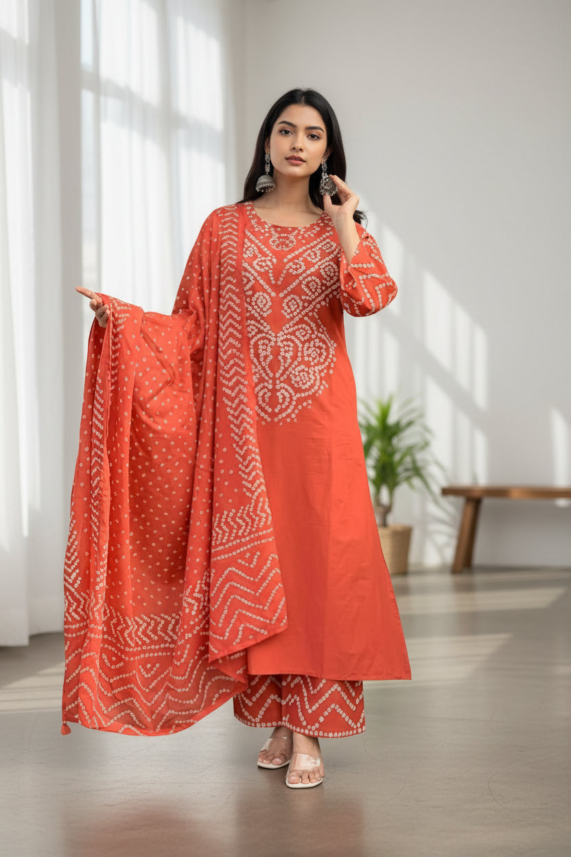 Rust Orange Bandhani Printed Kurta Set with Dupatta &amp; Palazzo Pants