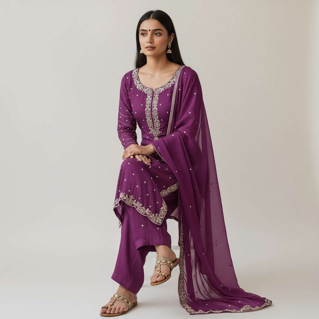 Dark Pink Premium Embroidery Satin Silk 3 Piece Kurta Set