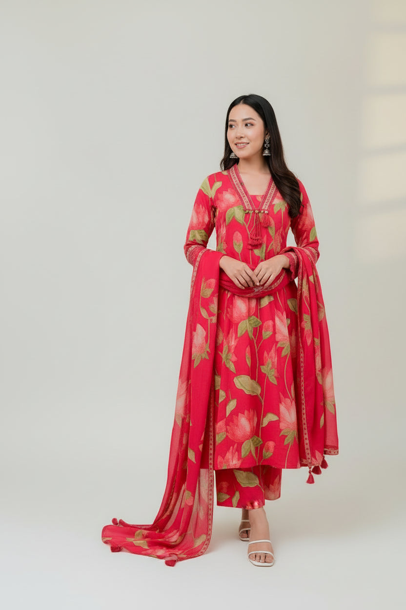 Floral Printed Kurta Set with Palazzo &amp; Dupatta