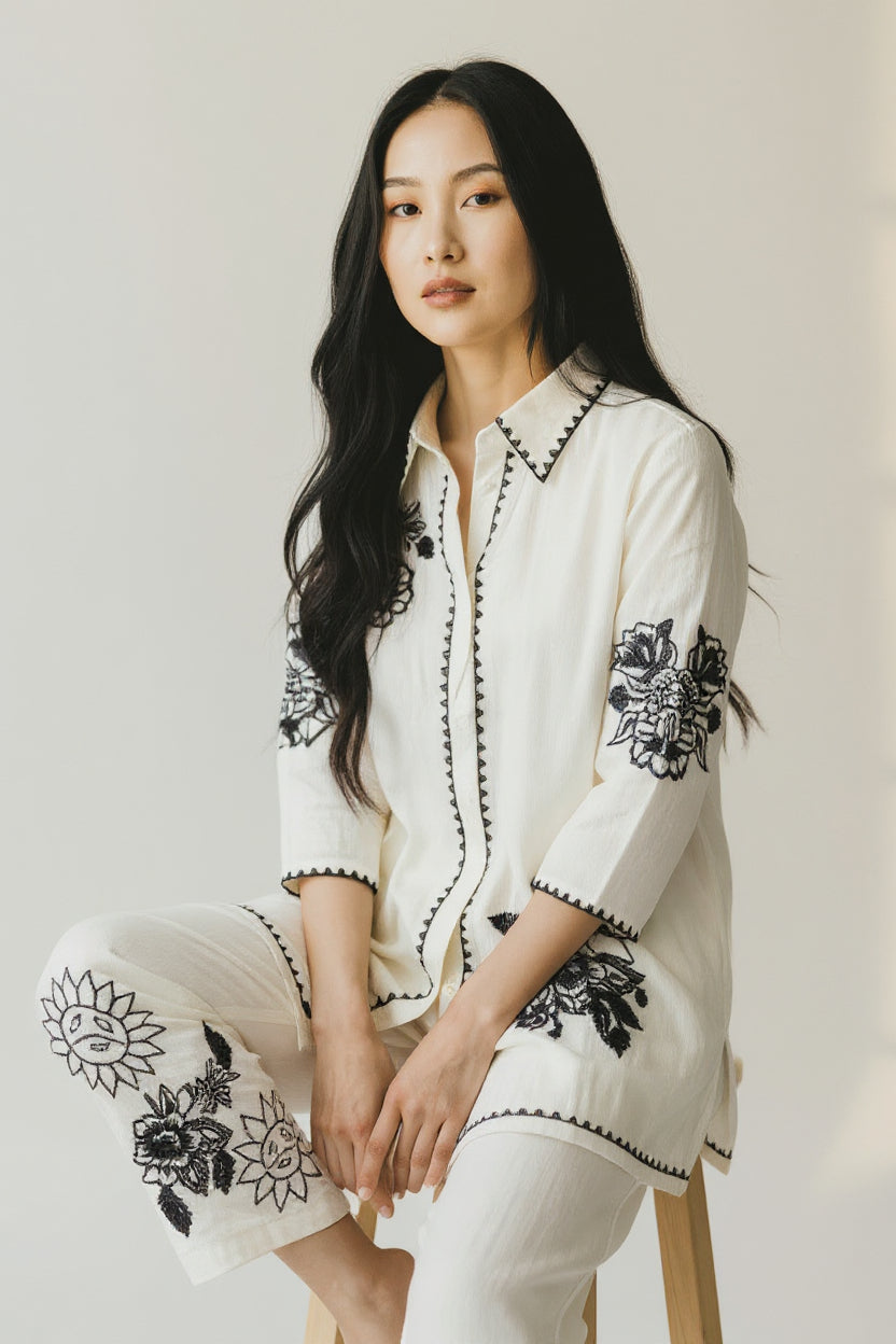 Ivory Embroidered Kurta &amp; Wide-Leg Pants Set