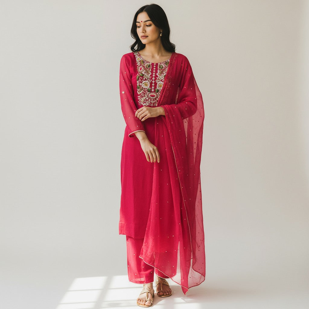 Pink Embroidered Satin Silk 3-Piece Kurta Set