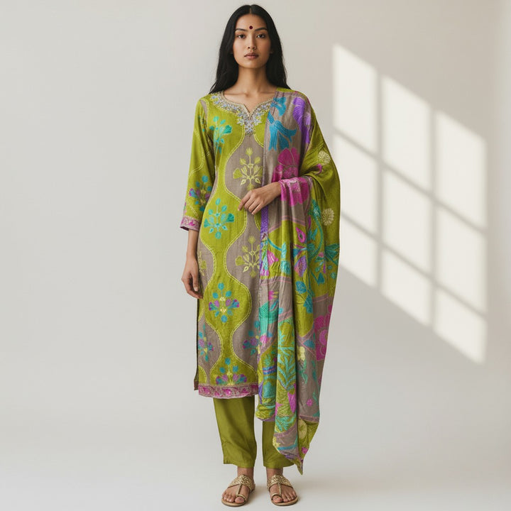 Green Pure Natural Crepe Digital Print Handwork Stitch Kurta Set