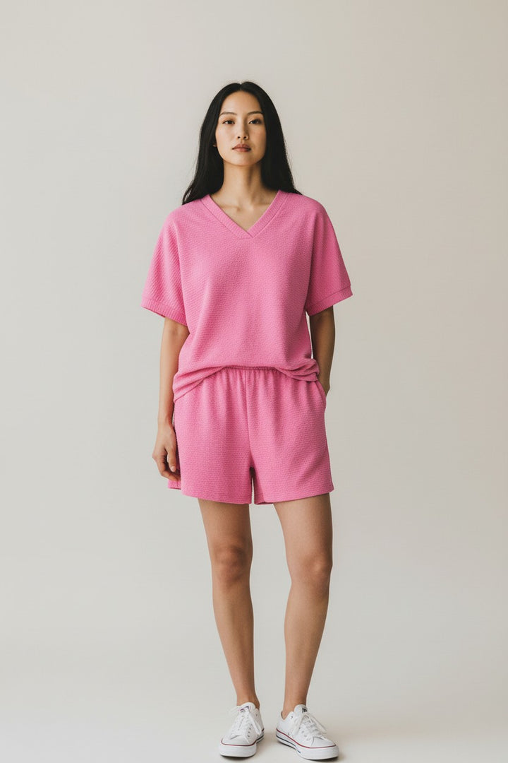 Pink Textured V Neck T Shirt and Shorts Set