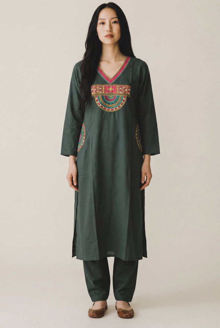 Mustard Embroidered Straight Kurta Set with Pants
