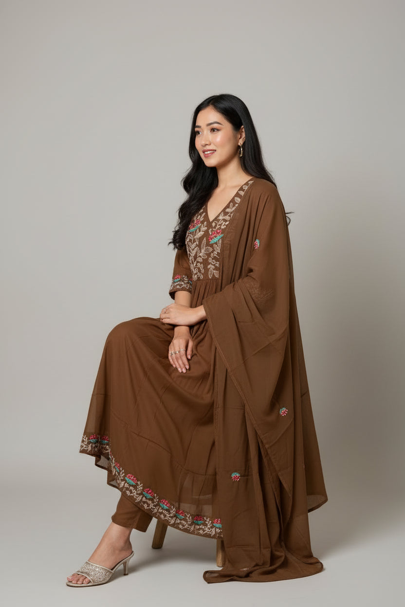 Women’s Brown Embroidered Anarkali Kurta Set with Dupatta