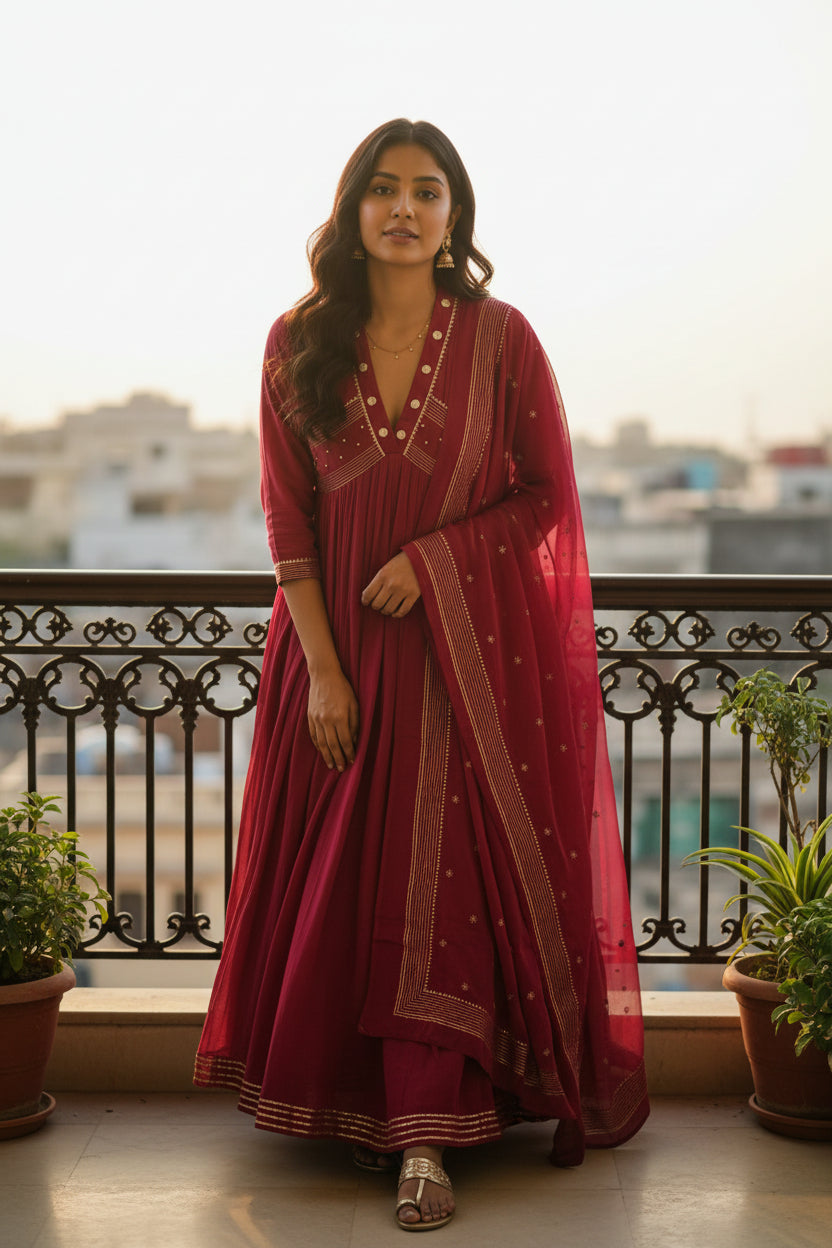 Women’s Solid Embroidered Anarkali Kurta Set with Dupatta