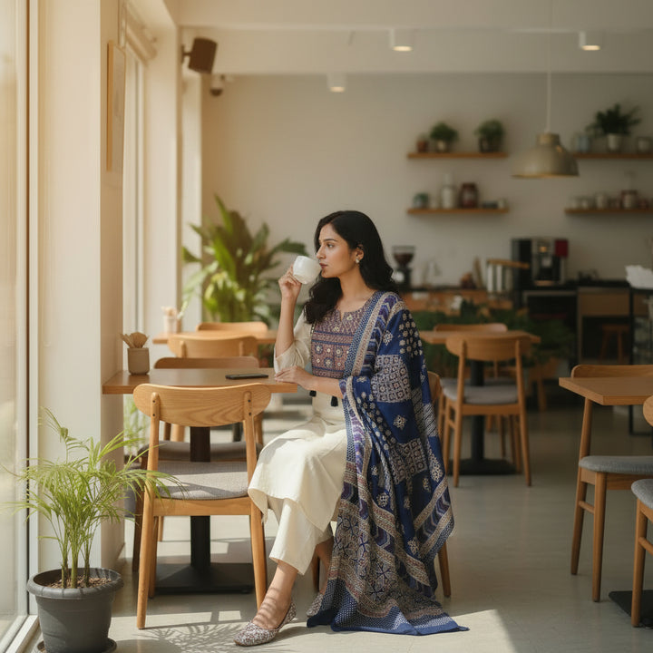 Ivory Cotton Kurta Set with Indigo Printed Dupatta