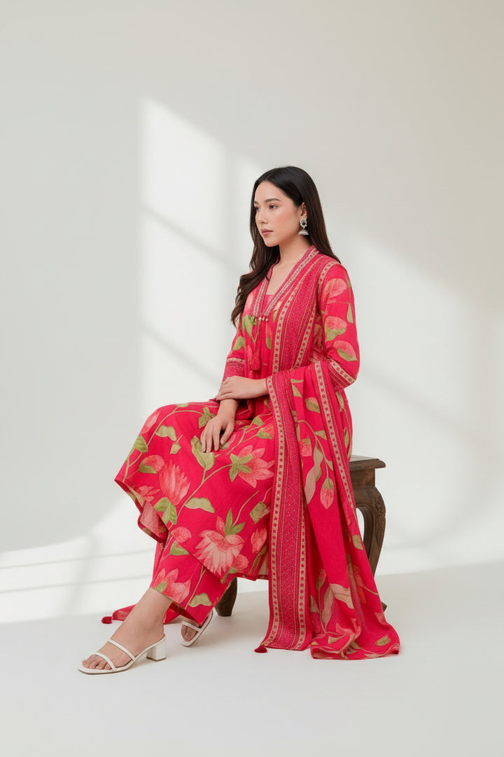 Floral Printed Kurta Set with Palazzo &amp; Dupatta
