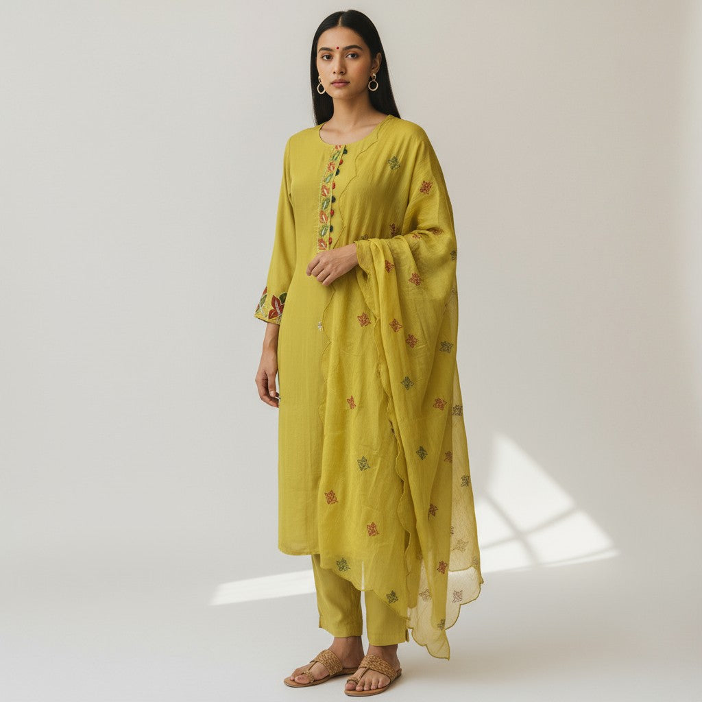 Yellow Chiffon Embroidery 3 Piece Kurta Set