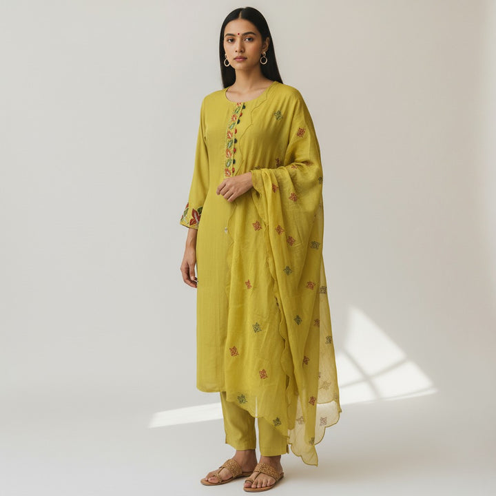 Yellow Chiffon Embroidery 3 Piece Kurta Set