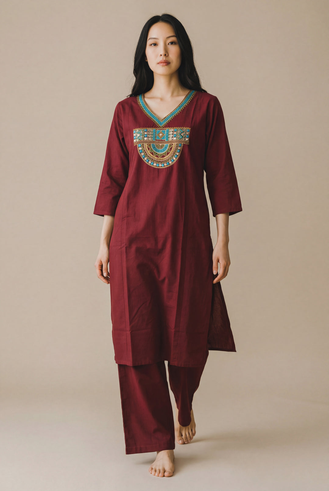 Mustard Embroidered Straight Kurta Set with Pants