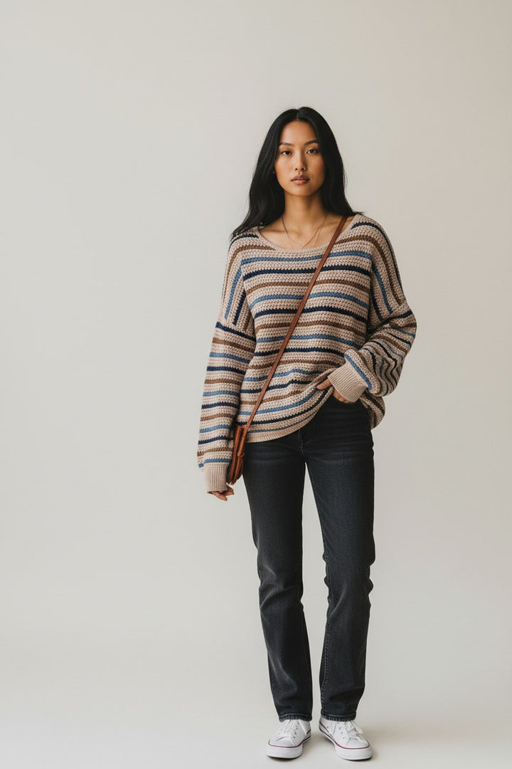 Multicolour Striped Knitted Drop Shoulder Round Neck Sweater