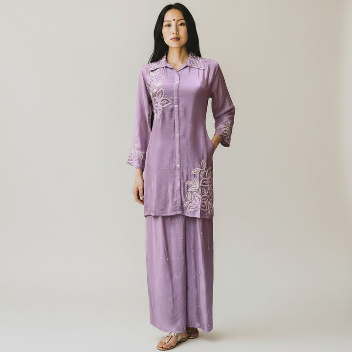 Premium Purple Pure Viscose Chinon Hand-Embroidered Co-Ord Set