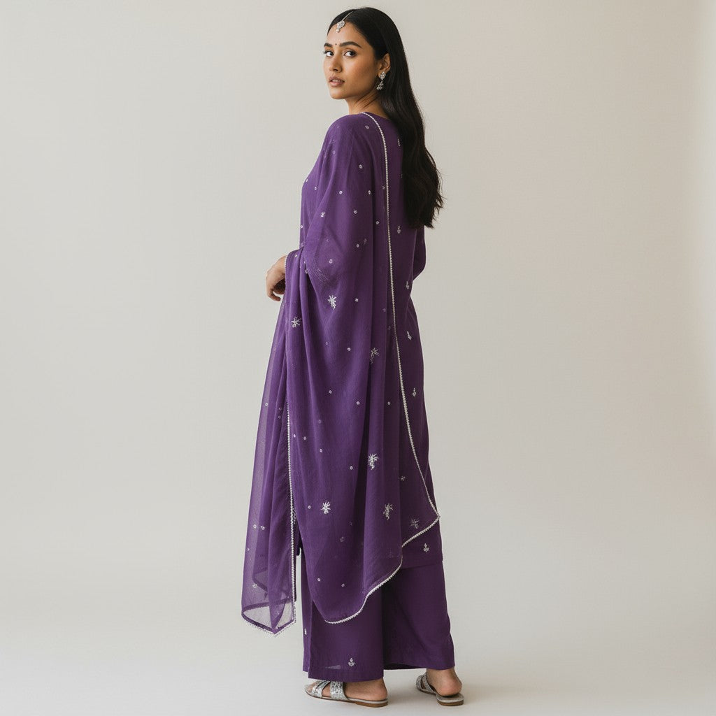 Purple Viscose Chinnon Handwork Suit Set with Chiffon Dupatta & Plazo Pant kurta set