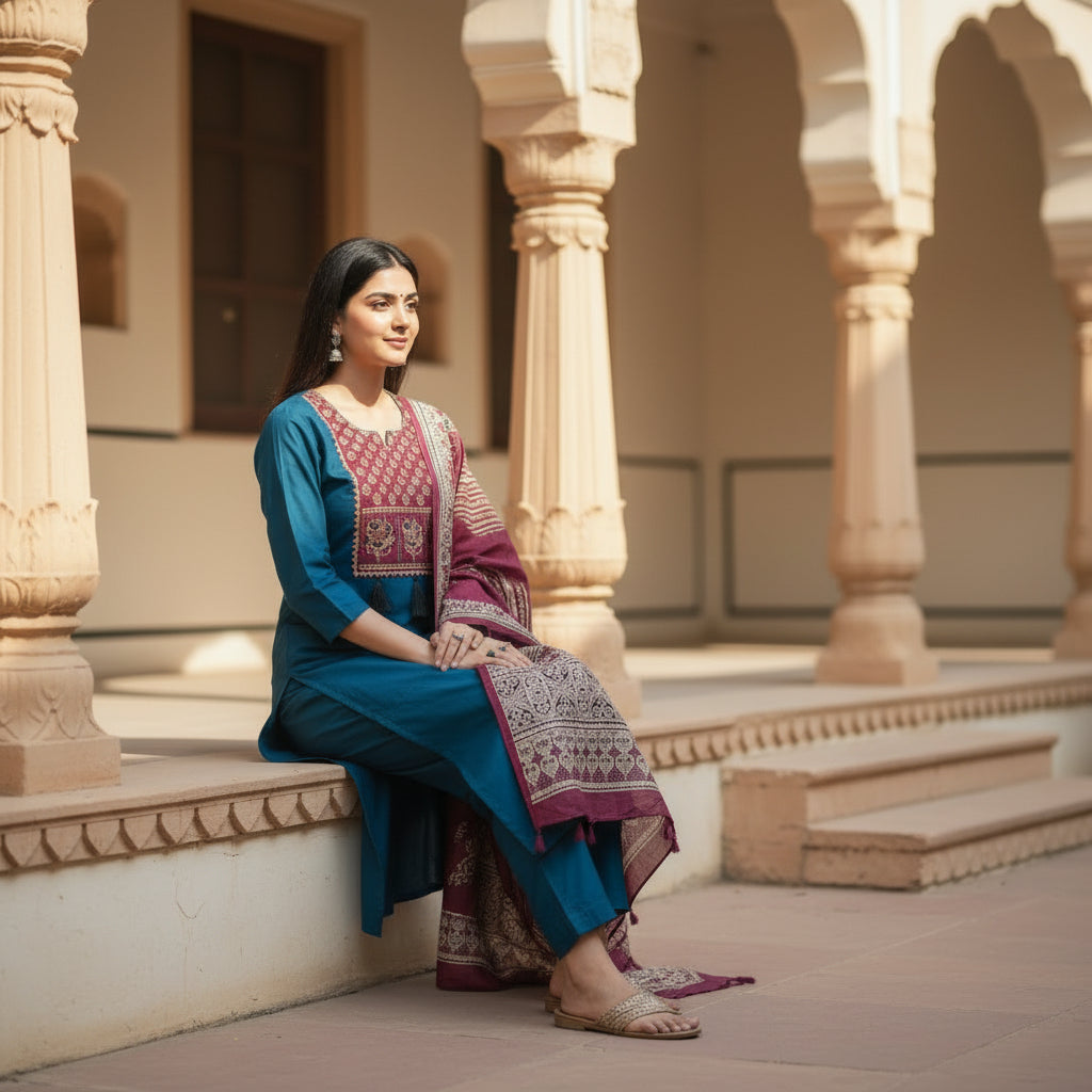 Teal Blue Straight Kurta Set with Printed Yoke, Solid Bottom &amp; Maroon Dupatta