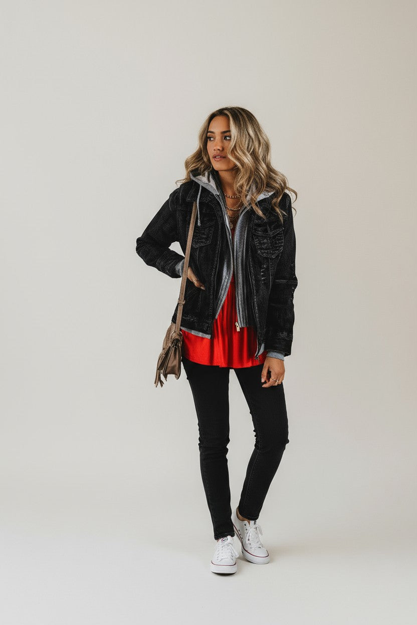 Black Fake Two-Piece Hooded Zip-Up Denim Jacket