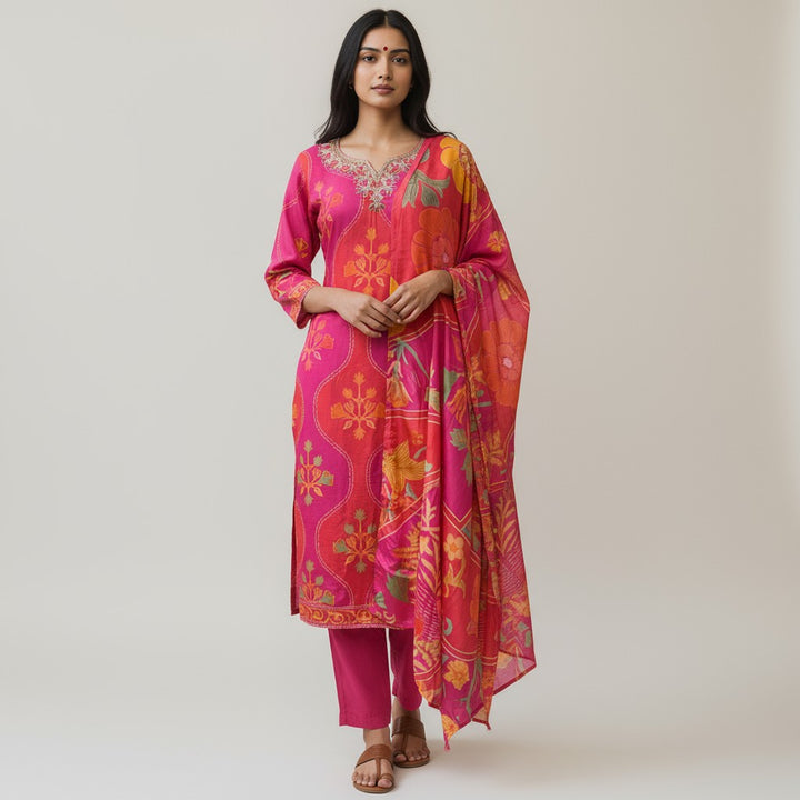 Pink Pure Natural Crepe Digital Print Handwork Stitch Kurta Set
