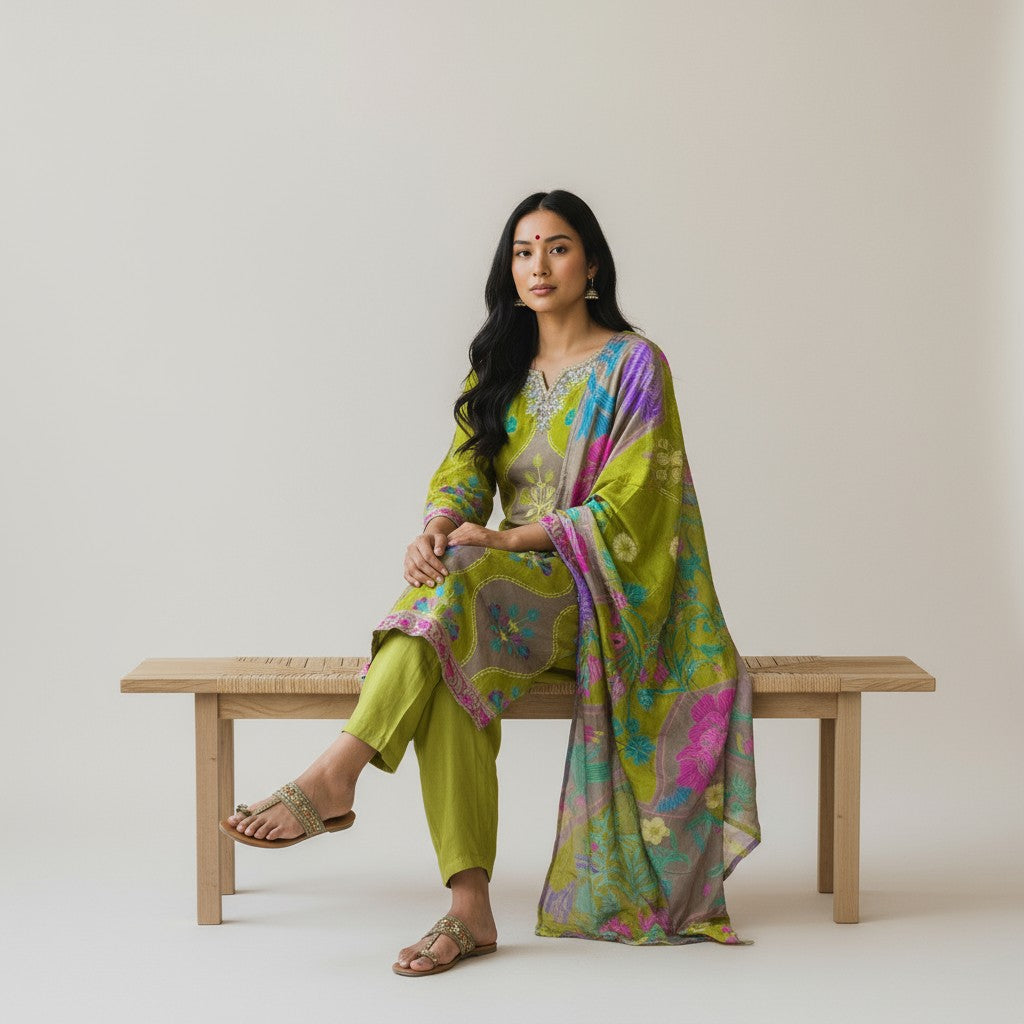 Green Pure Natural Crepe Digital Print Handwork Stitch Kurta Set