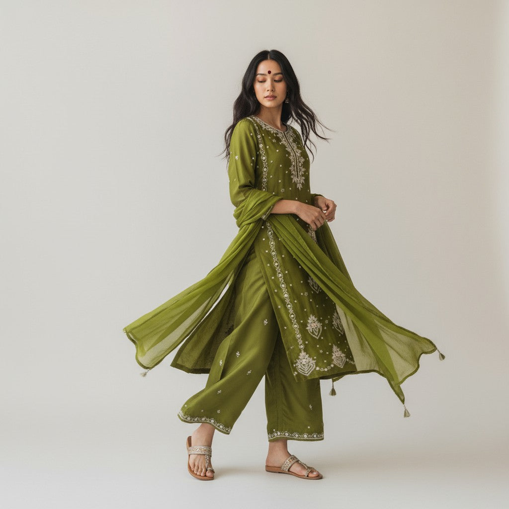 Green Viscose Chinnon Handwork Suit Set with Chiffon Dupatta & Plazo Pant