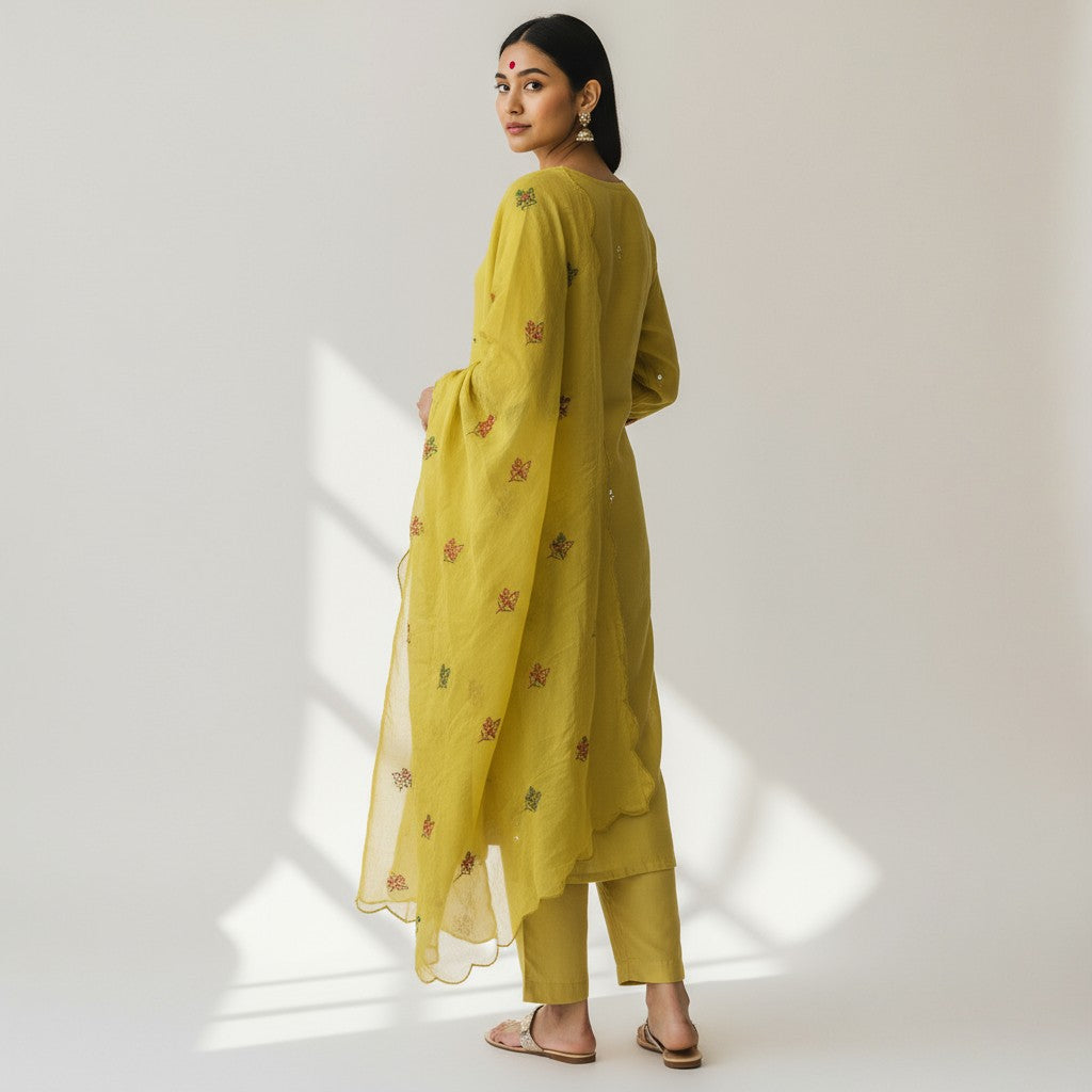 Yellow Chiffon Embroidery 3 Piece Kurta Set